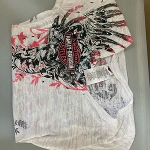 Shortsleeved decorated white Harley Davidson top
